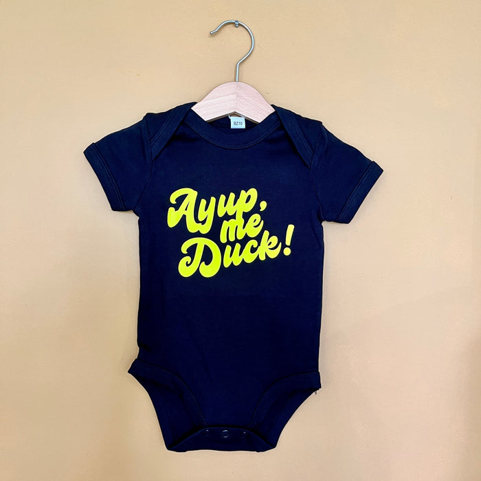 Ayup, me duck! Retro font Baby grow (Available in Various Colours)