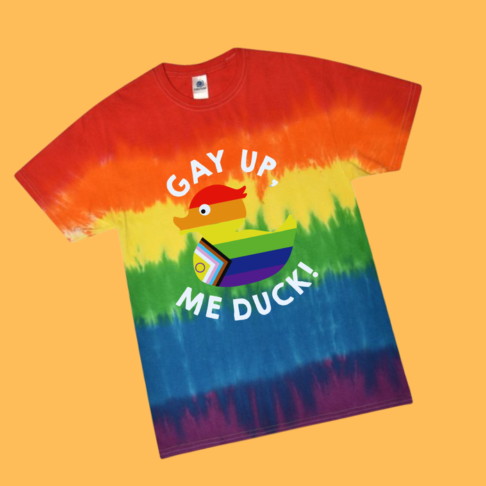 Gay up, me duck! Rainbow Tiedye T-shirt