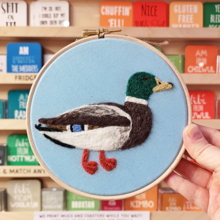 Duck needle felted embroidery hoops