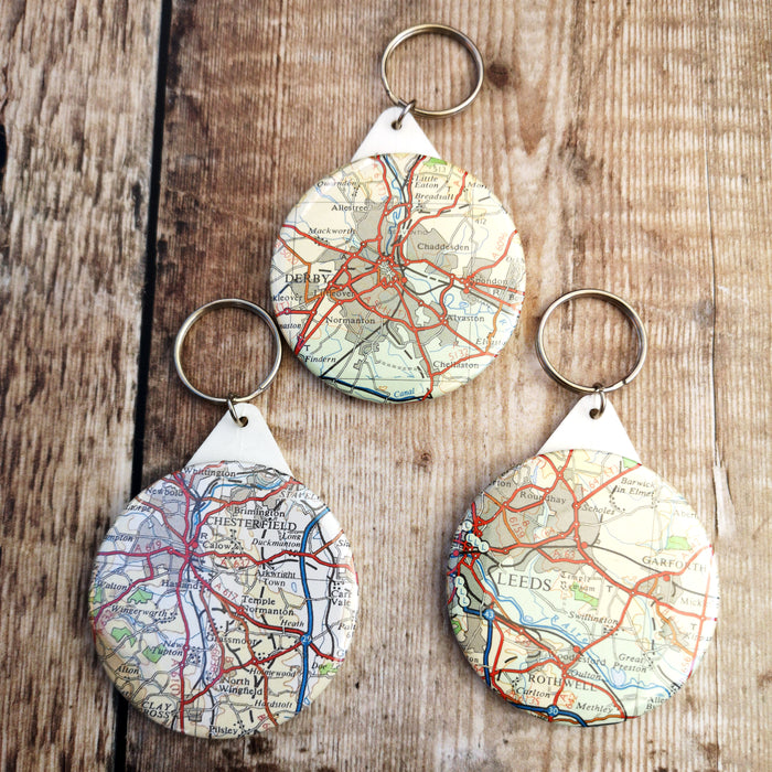 Map Keyrings (Derby, Chesterfield, Leeds and Sheffield)