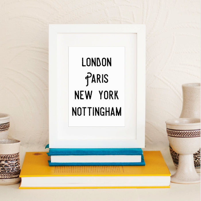London, Paris, New York, Nottingham Framed Prints